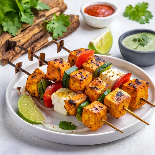 Grilled paneer tikka skewers with bell peppers, onions, and lime, served with two dipping sauces.